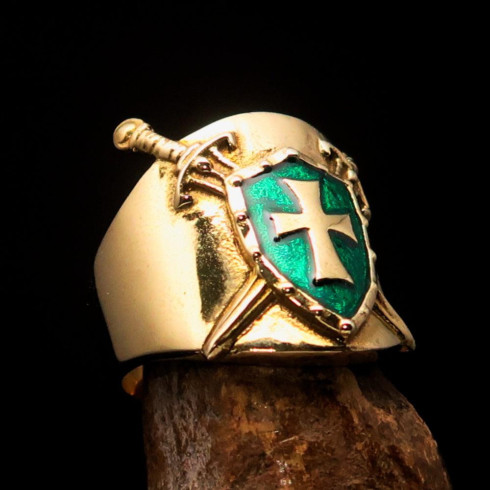 Crossed Swords Men's Knights Templar green Cross Ring made of solid brass with high polished finish and enamel detailing.